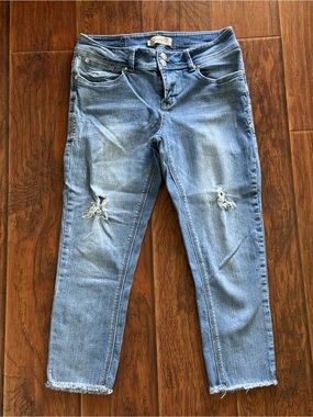 Seven7 Medium Blue Distressed Ankle Crop Jeans